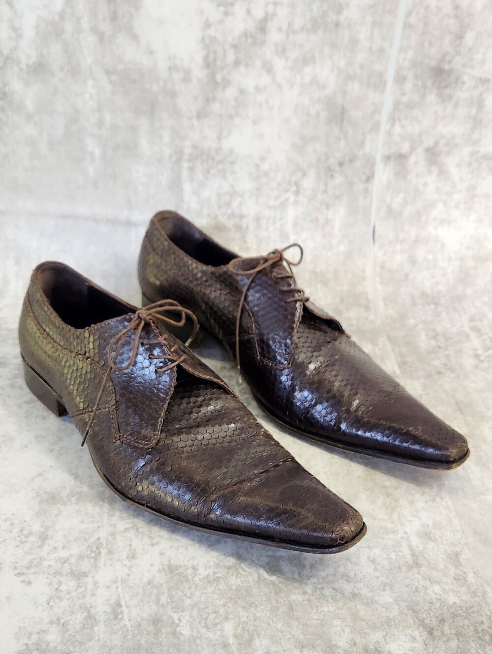 Roberto Guerrini Oxford Men 42 Brown Snakeskin Embossed Pointy Toe Italy Luxury